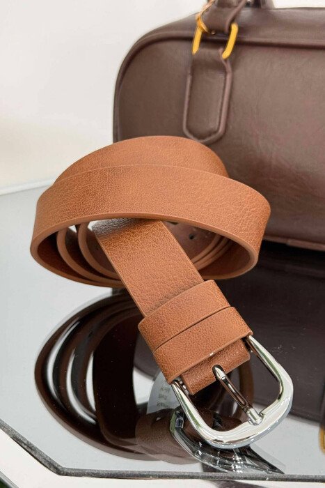ONE COLOR SIMPLE LEATHER WOMEN BELT BROWN/KAFE - KLAUDIO FASHION