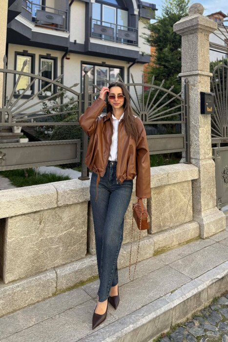 ONE COLOR SIMPLE LEATHER WOMEN JACKET BROWN/KAFE - 4