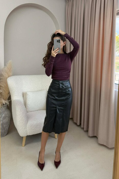 ONE COLOR SIMPLE LEATHER WOMEN SKIRT BLACK/ E ZEZE - 2