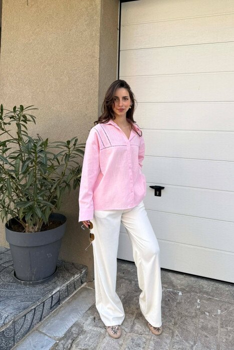 ONE COLOR SIMPLE LINEN WOMAN SHIRT PINK/ROZE - 1