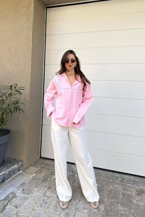 ONE COLOR SIMPLE LINEN WOMAN SHIRT PINK/ROZE - 5