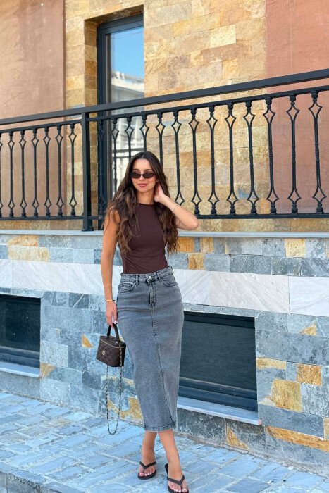 ONE COLOR SIMPLE LONG WOMAN SKIRT GREY/GRI - KLAUDIO FASHION