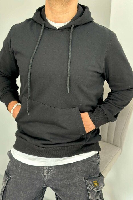 ONE COLOR SIMPLE MEN HOODIE BLACK/ E ZEZE - KLAUDIO FASHION