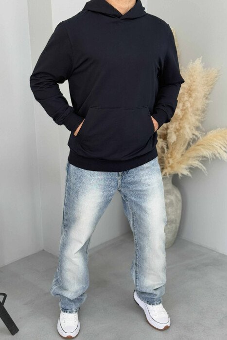 ONE COLOR SIMPLE MEN HOODIE DARK BLUE/BEE - 2