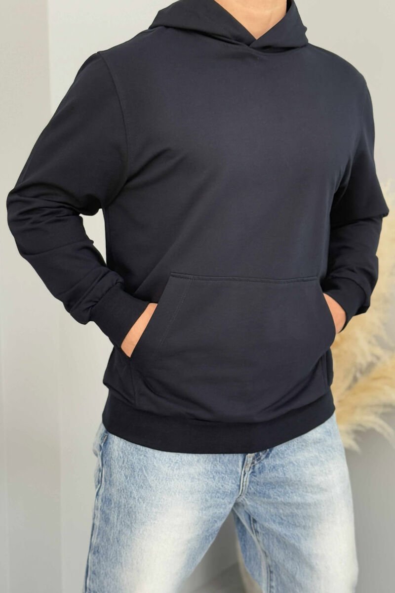 ONE COLOR SIMPLE MEN HOODIE DARK BLUE/BEE - 3