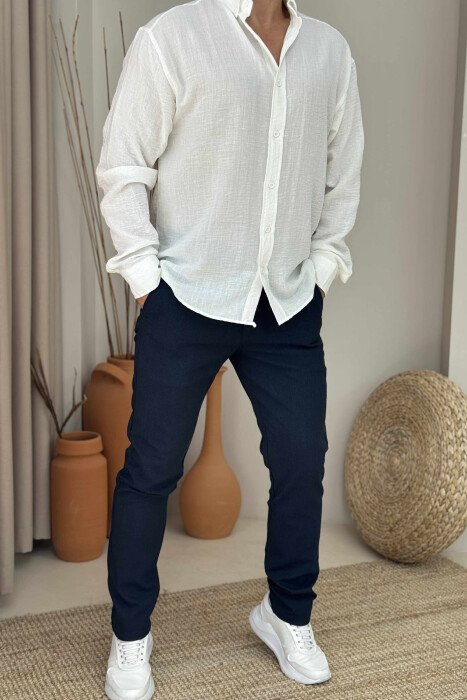 ONE COLOR SIMPLE MEN PANTS DARK BLUE/BEE - KLAUDIO FASHION
