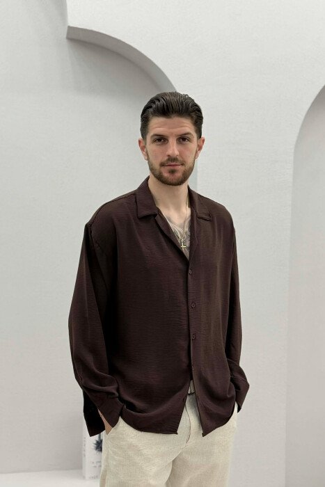 ONE COLOR SIMPLE MEN SHIRT DARK BROWN/KAE - KLAUDIO FASHION