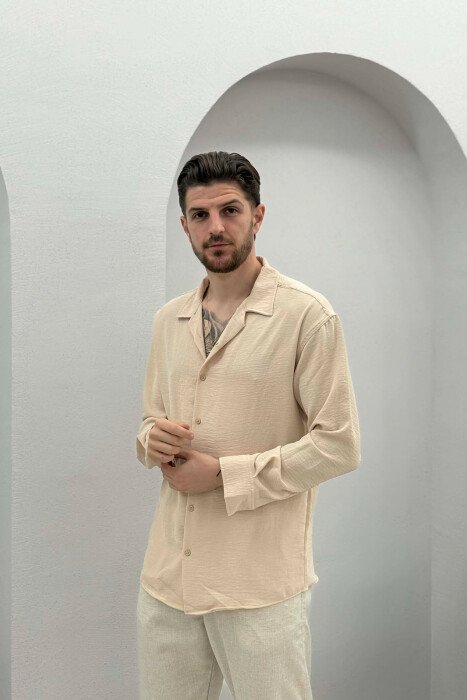ONE COLOR SIMPLE MEN SHIRT LIGHT BEIGE/BZHZB - KLAUDIO FASHION