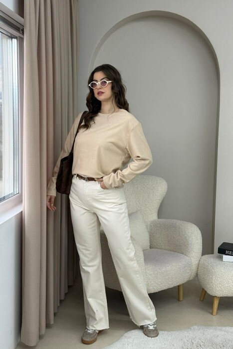 ONE COLOR SIMPLE WOMEN SWEATSHIRT BEIGE/BEZHE - 2