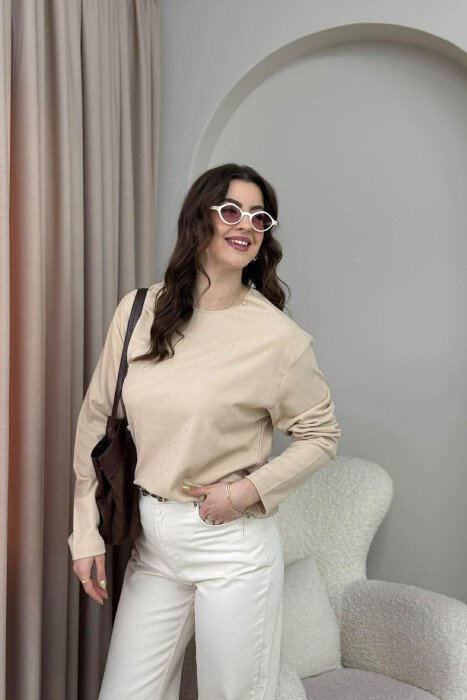 ONE COLOR SIMPLE WOMEN SWEATSHIRT BEIGE/BEZHE - 5