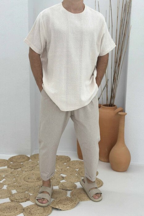 ONE COLOR SIMPLE MEN T-SHIRT CREAM/KREM - 1