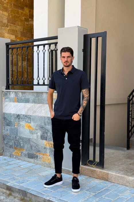 ONE COLOR SIMPLE MEN T-SHIRT DARK BLUE/BEE - 4