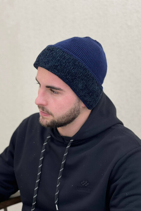 ONE COLOR SIMPLE MEN WINTER HOOD NAVY BLUE/BLU MARINE - KLAUDIO FASHION