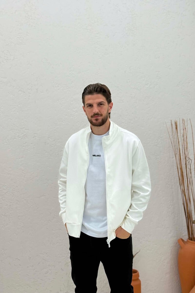 ONE COLOR SIMPLE NECK WRITTING DETAIL MEN JACKET WHITE-E BARDHE - 1