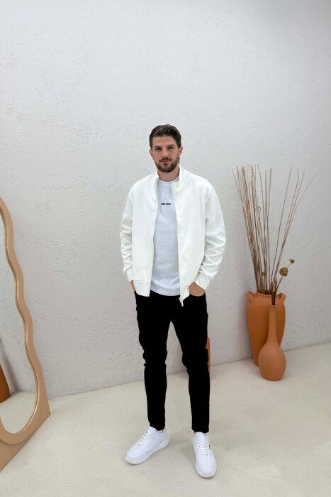 ONE COLOR SIMPLE NECK WRITTING DETAIL MEN JACKET WHITE-E BARDHE - 3