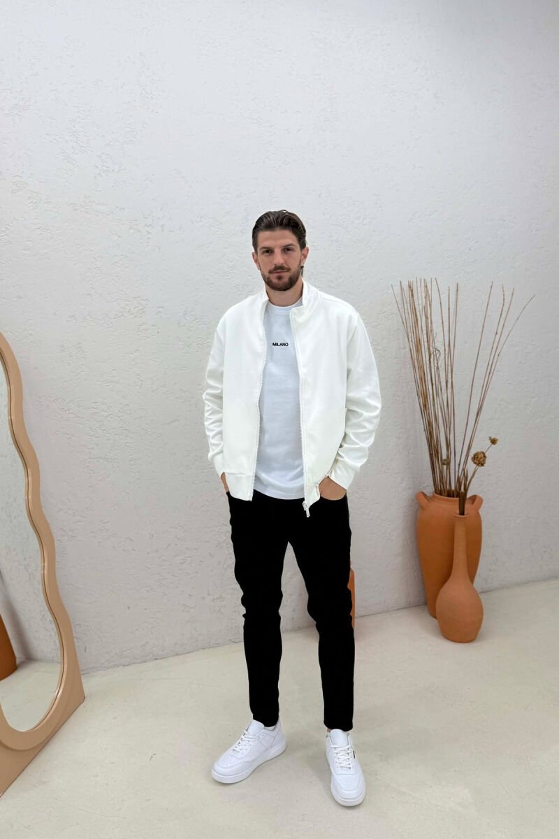 ONE COLOR SIMPLE NECK WRITTING DETAIL MEN JACKET WHITE-E BARDHE - 3