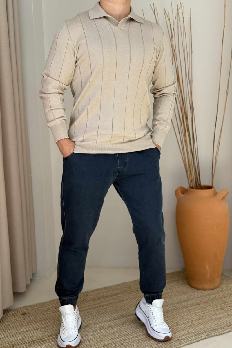 ONE COLOR SIMPLE POLO NECK MEN SWEATER BEIGE/BEZHE - 1