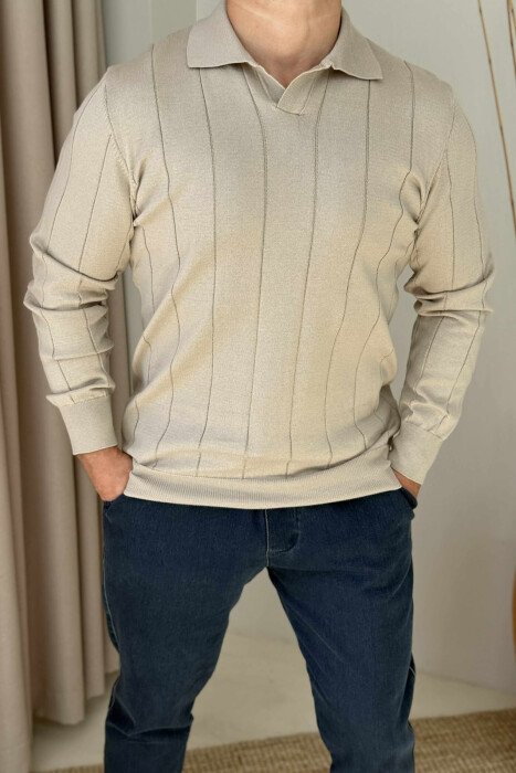 ONE COLOR SIMPLE POLO NECK MEN SWEATER BEIGE/BEZHE - 3