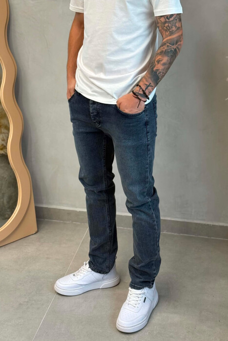 ONE COLOR SIMPLE REGULAR MEN JEANS DARK BLUE/BEE - 3