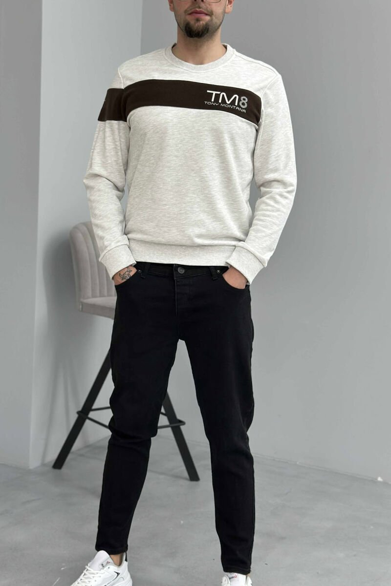 ONE COLOR SIMPLE ROUND NECK MEN SWEATSHIRT CREAM/KREM - 1