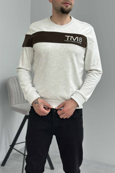 ONE COLOR SIMPLE ROUND NECK MEN SWEATSHIRT CREAM/KREM - 3