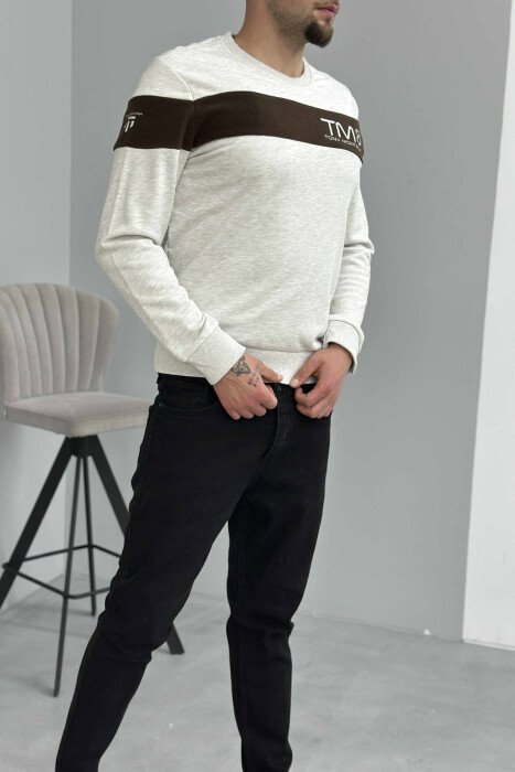 ONE COLOR SIMPLE ROUND NECK MEN SWEATSHIRT CREAM/KREM - 4