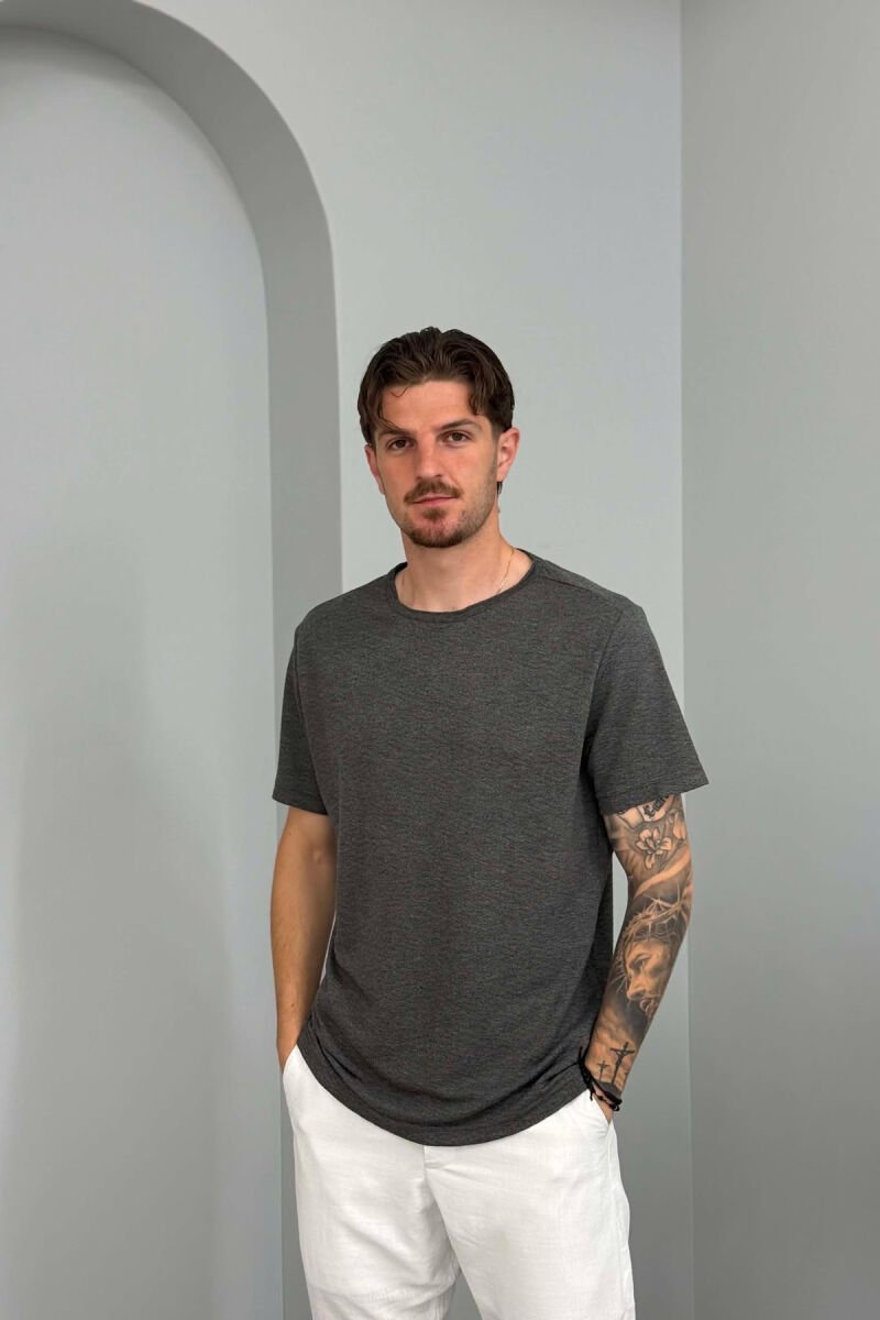 ONE COLOR SIMPLE ROUND NECK MEN T-SHIRT DARK GREY/GEE - 1