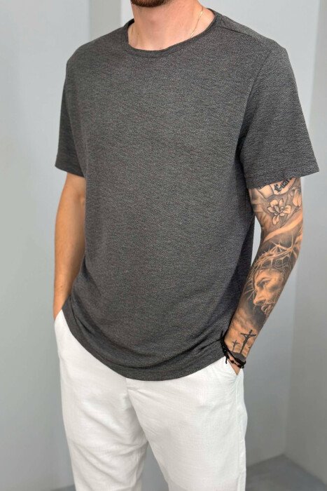 ONE COLOR SIMPLE ROUND NECK MEN T-SHIRT DARK GREY/GEE - 4