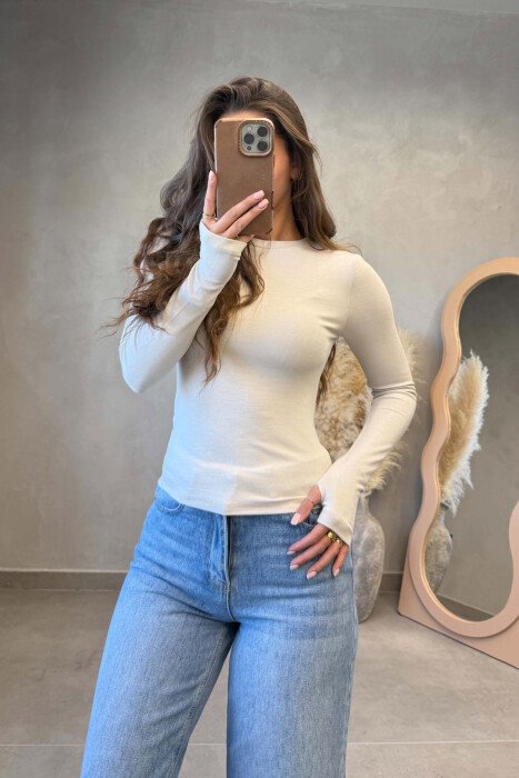 ONE COLOR SIMPLE ROUND NECK WOMAN SWEATSHIRT BEIGE/BEZHE - KLAUDIO FASHION