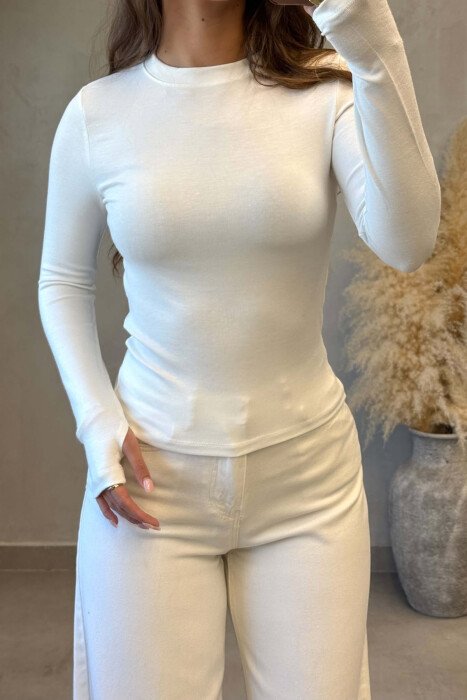ONE COLOR SIMPLE ROUND NECK WOMAN SWEATSHIRT WHITE-E BARDHE - 4