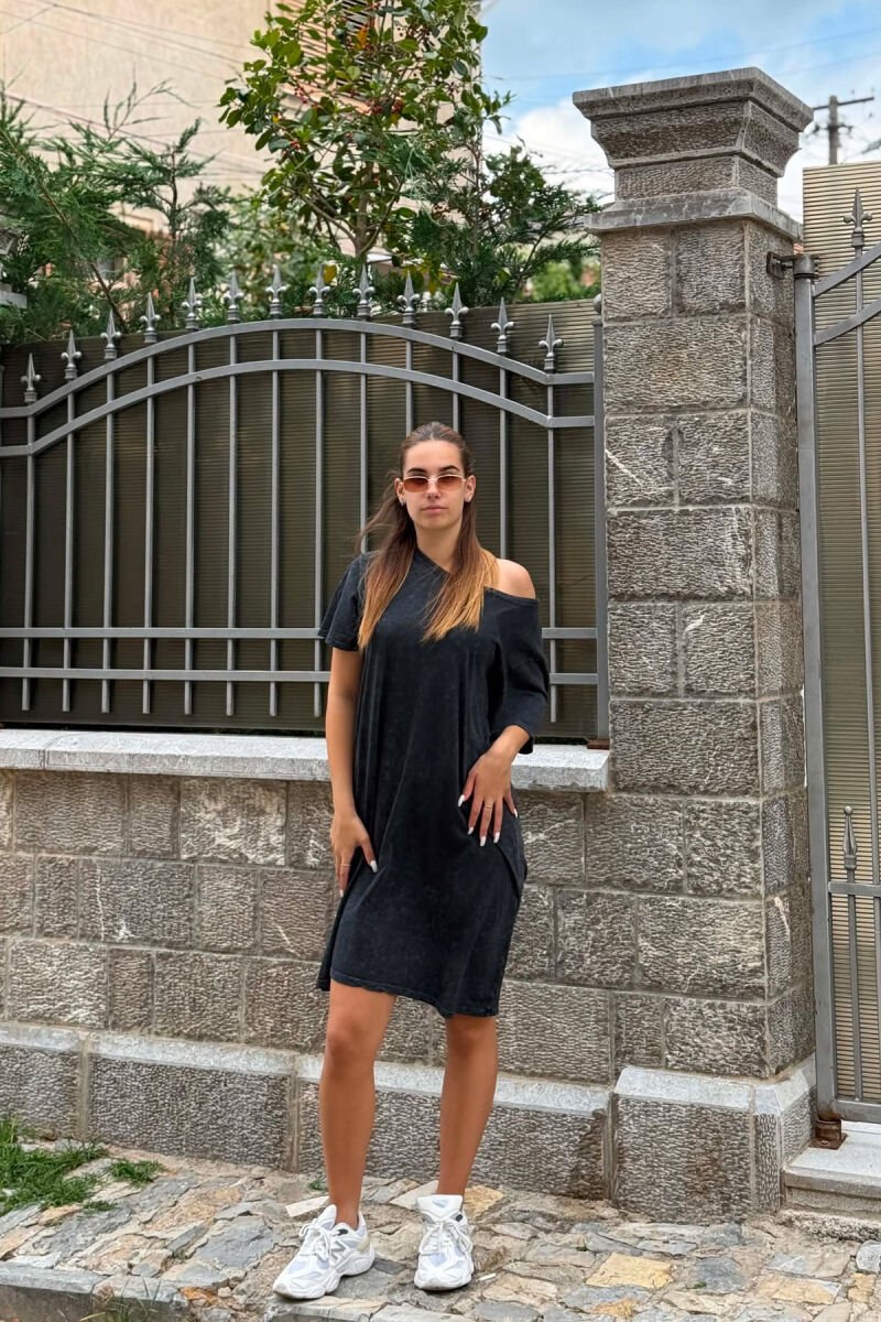 ONE COLOR SIMPLE ROUND NECK WOMEN DRESS DARK GREY/GEE - 5