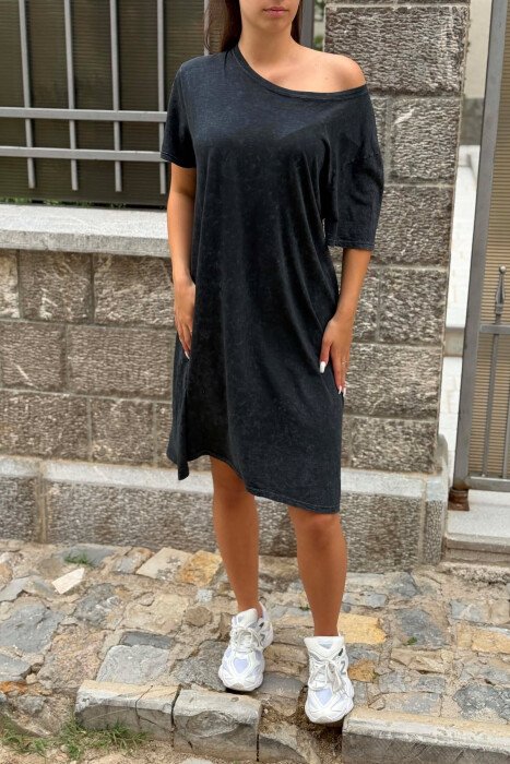ONE COLOR SIMPLE ROUND NECK WOMEN DRESS DARK GREY/GEE - 7