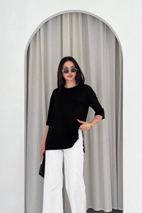 ONE COLOR SIMPLE ROUND NECK WOMEN T-SHIRT BLACK/ E ZEZE - 