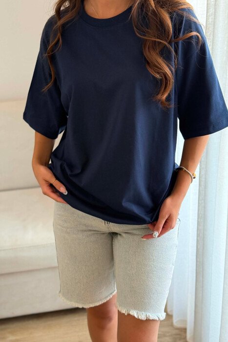 ONE COLOR SIMPLE ROUND NECK WOMEN T-SHIRT BLUE/BLU - 2