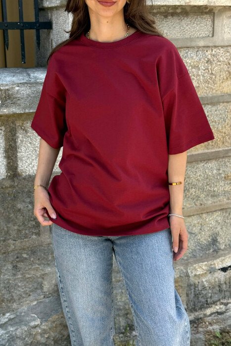 ONE COLOR SIMPLE ROUND NECK WOMEN T-SHIRT BURGUNDY/VISHNJE - 2