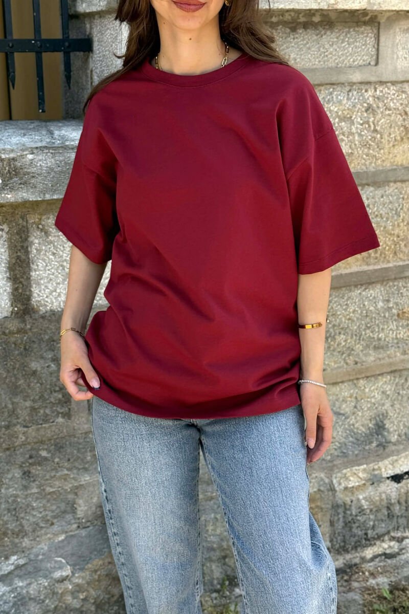 ONE COLOR SIMPLE ROUND NECK WOMEN T-SHIRT BURGUNDY/VISHNJE - 2