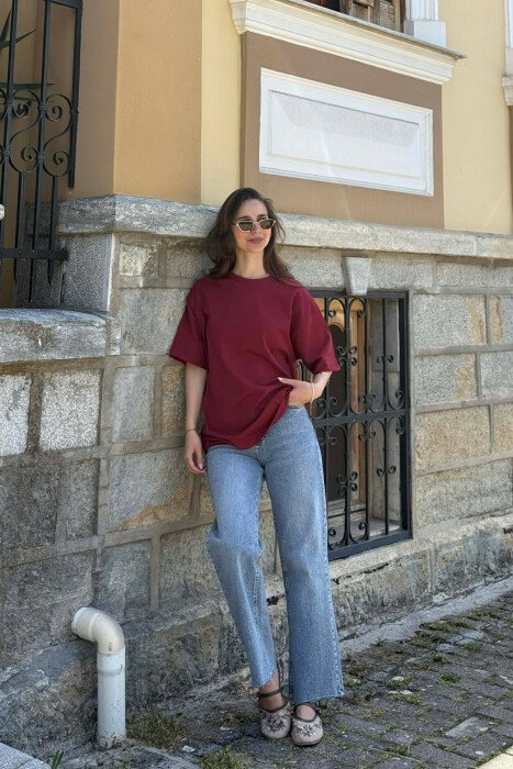 ONE COLOR SIMPLE ROUND NECK WOMEN T-SHIRT BURGUNDY/VISHNJE - 3
