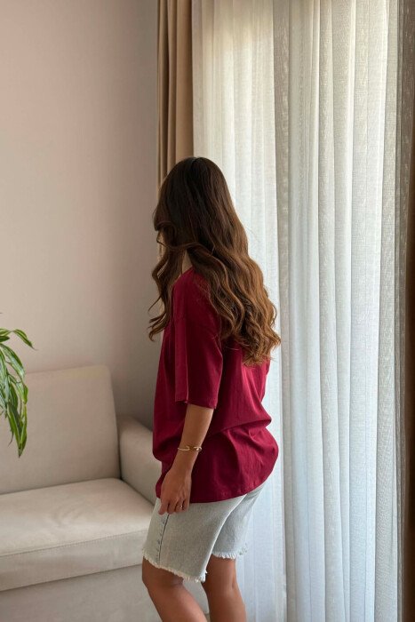 ONE COLOR SIMPLE ROUND NECK WOMEN T-SHIRT BURGUNDY/VISHNJE - 2