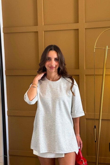 ONE COLOR SIMPLE ROUND NECK WOMEN T-SHIRT GREY/GRI - 4