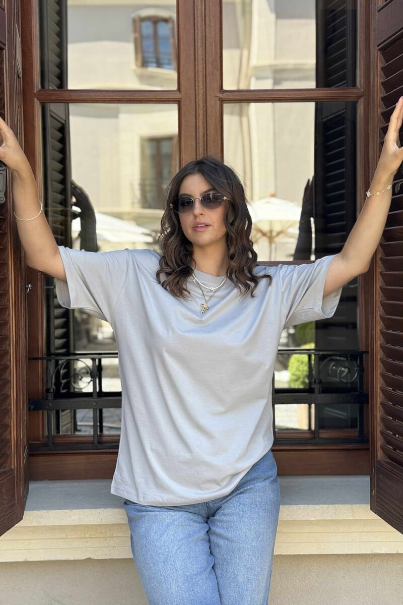 ONE COLOR SIMPLE ROUND NECK WOMEN T-SHIRT GREY/GRI - 1