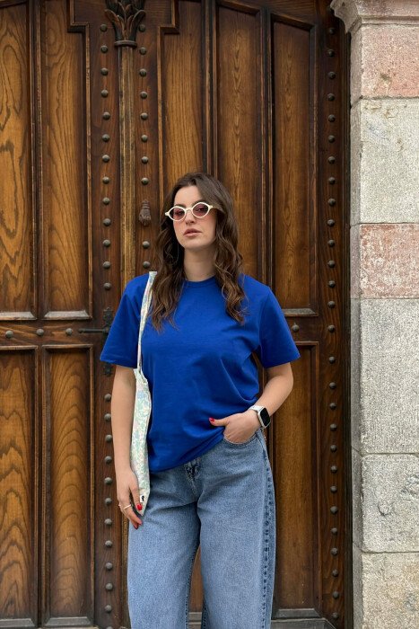 ONE COLOR SIMPLE ROUND NECK WOMEN T-SHIRT + 6 PAIR SOCKS BLUE/BLU - 1