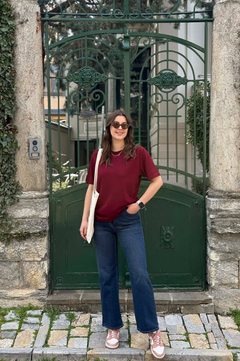 ONE COLOR SIMPLE ROUND NECK WOMEN T-SHIRT + 6 PAIR SOCKS BURGUNDY/VISHNJE - 3