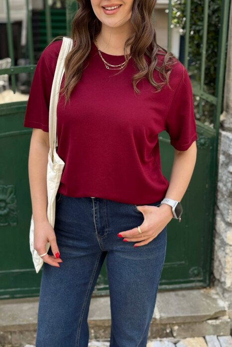 ONE COLOR SIMPLE ROUND NECK WOMEN T-SHIRT + 6 PAIR SOCKS BURGUNDY/VISHNJE - 4