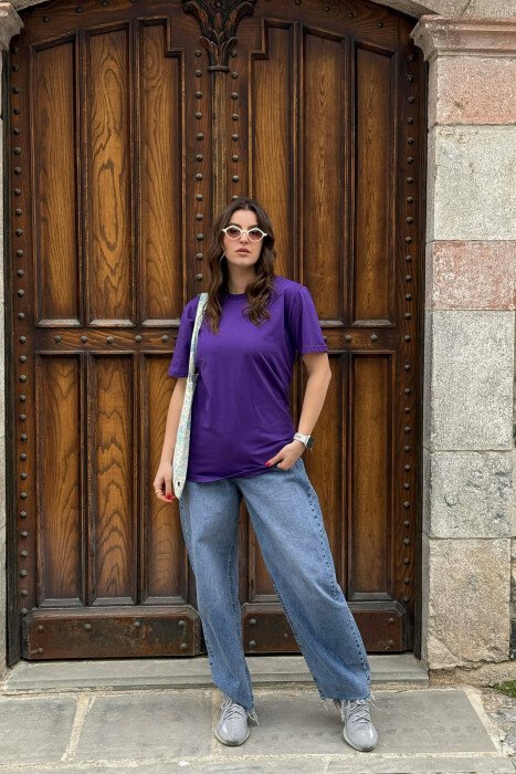 ONE COLOR SIMPLE ROUND NECK WOMEN T-SHIRT + 6 PAIR SOCKS DARK PURPLE/LEJLA ERRET 