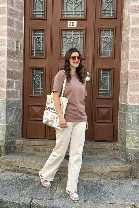 ONE COLOR SIMPLE ROUND NECK WOMEN T-SHIRT + 6 PAIR SOCKS KHAKI / KAKI - 5