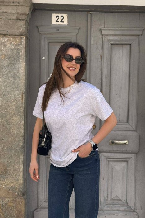 ONE COLOR SIMPLE ROUND NECK WOMEN T-SHIRT + 6 PAIR SOCKS LIGHT GREY/GZ 