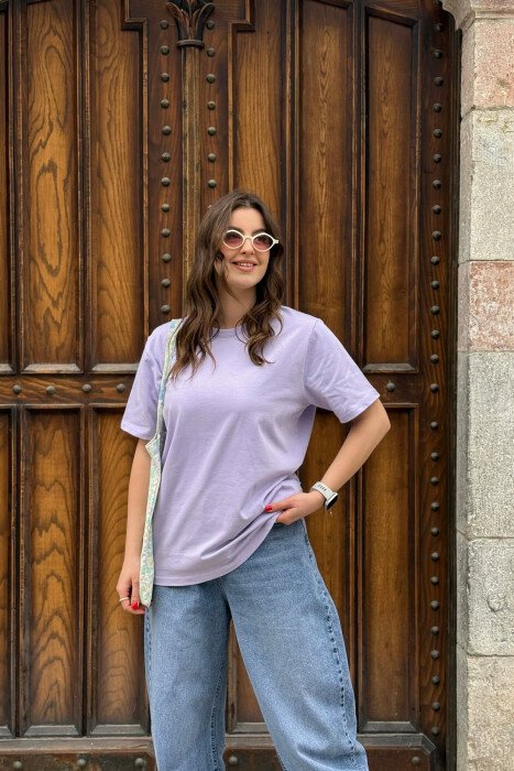 ONE COLOR SIMPLE ROUND NECK WOMEN T-SHIRT + 6 PAIR SOCKS LIGHT PURPLE/LEZB 