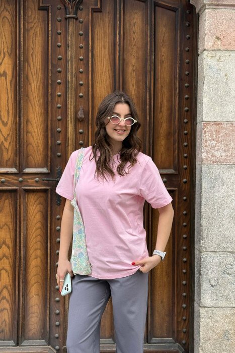 ONE COLOR SIMPLE ROUND NECK WOMEN T-SHIRT + 6 PAIR SOCKS PINK/ROZE 