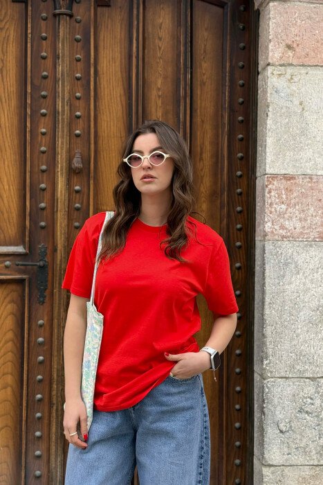 ONE COLOR SIMPLE ROUND NECK WOMEN T-SHIRT + 6 PAIR SOCKS RED/E KUQE 