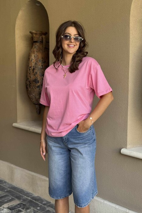 ONE COLOR SIMPLE ROUND NECK WOMEN T-SHIRT PINK/ROZE - 2